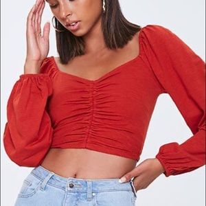 Red Peasant-Sleeve Crop Top
